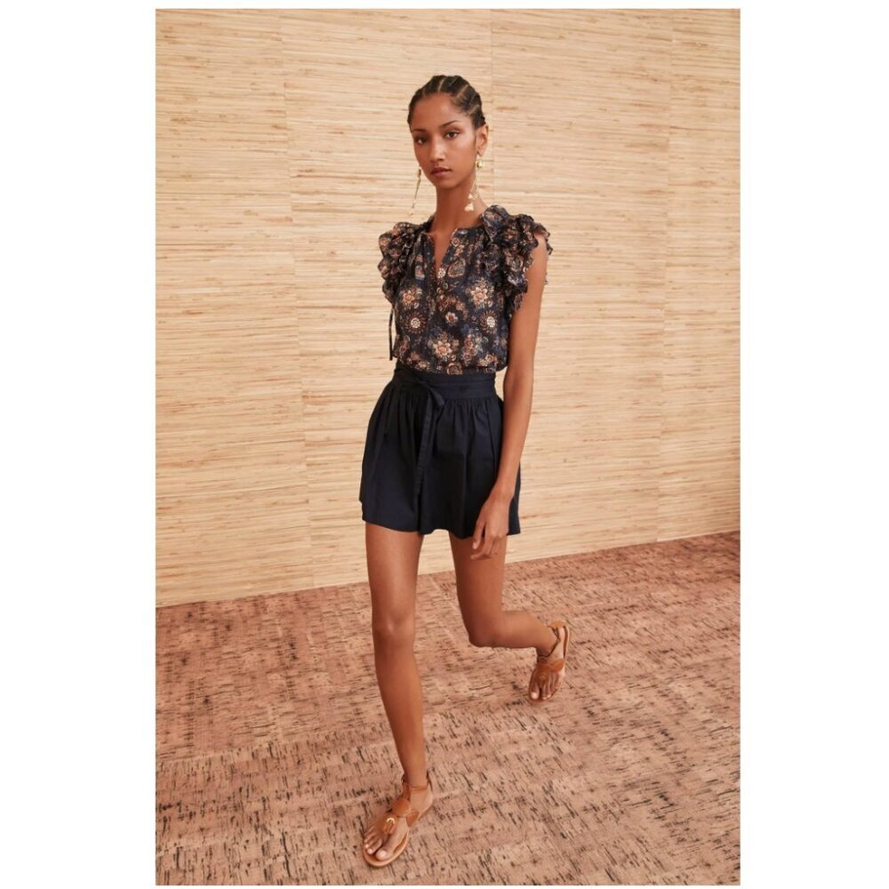 Ulla Johnson Elisa Top Shirt Blouse Womens 10 Navy Blue Flutter Sleeve Floral - Picture 3 of 12